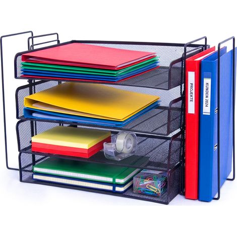 Portadocumenti Relaxdays, metallo, A4, 4 scomparti, 2 portariviste, HxLxP 30 x 49,5 x 24,5 cm, organizer scrivania, nero
