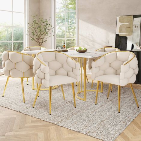 Lot de 6 chaises de salle à manger en velours beige, dossier arrondi doré, assise rembourrée 6 cm, pieds métal réglables, 44 x 41 x 74 cm (1/5)