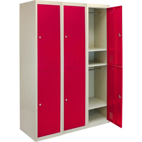 3 x Metal Storage Lockers - Two Doors, Red - Flatpack