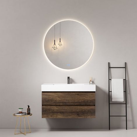 Mobile bagno sospeso 100 cm Bruno Scuro Lavabo in Resina Specchio Tondo Retroilluminato - Fiji Wood