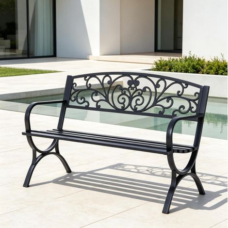 Banco de jardín de metal negro con respaldo ornamental para exterior OKWISH (1/5)