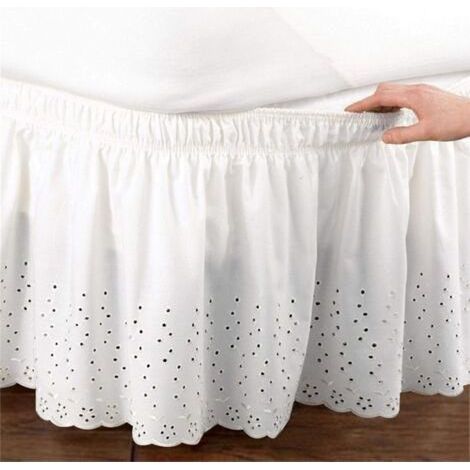 Blanc,Jupe de Lit à Volants, Cache Sommiers en Coton, Cache Sommier pour Lit Queen Size 150 x 200 cm, Jupe de Lit Robuste et Élastique Style Enveloppant Facile a Mettre et à enlever, Chute de (1/5)