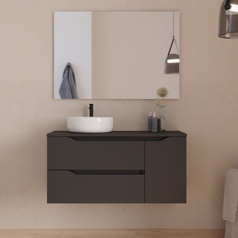 Meuble de salle de bain 100cm avec plateau, vasque à poser déportée à gauche Ares et miroir - 2 tiroirs et un placard - noir - ZARZA