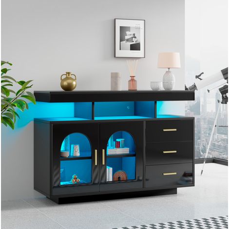 Aparador de aglomerado negro brillo 120x40x80 cm con 3 cajones, 2 puertas acrílicas, huecos abiertos y LED RGB (1/5)
