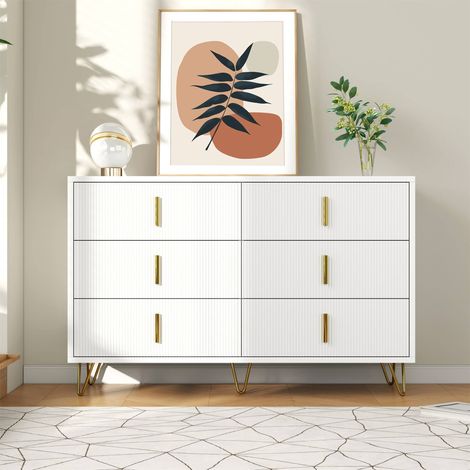 Commode 6 tiroirs 120 x 40 x 77 cm, façades cannelées et poignées dorées, pieds en métal, chambre et salon, blanc et or (1/5)