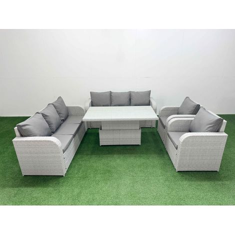 Fimous PE Rattan High Back Lounge Sofa Set Patio Adjustable Lifting Dining or Coffee Table & Chairs Set with 3 Seater Sofa Reclining Chair Light Grey (1/5)