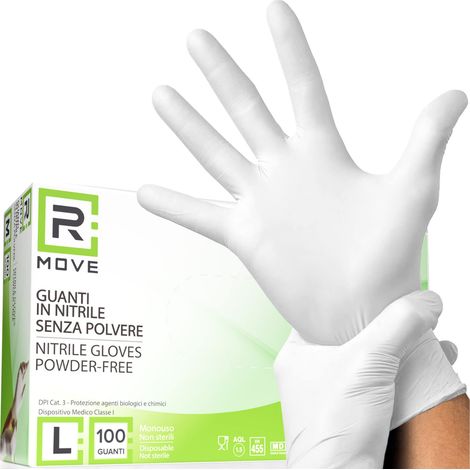 R Move Gants en Nitrile Jetables Blancs Taille L - 100 Pièces (1/5)