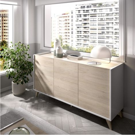 Madia 155 cm bianco opaco e rovere naturale con tre ante - Corato