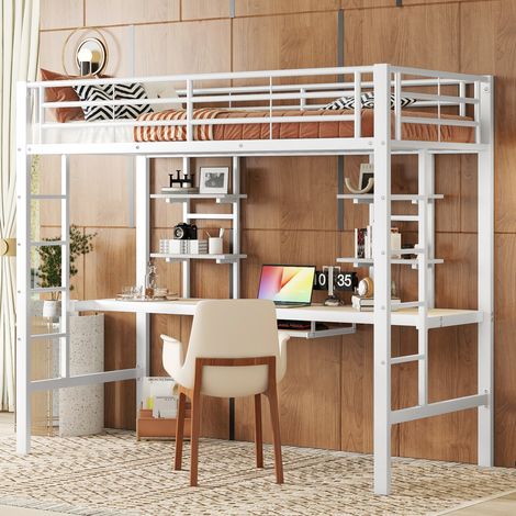 Letto a Soppalco Letto Singolo con Scrivania, 2 Scaffali e Ripiano Tastiera, 90×200 cm, senza Materasso, Bianco
