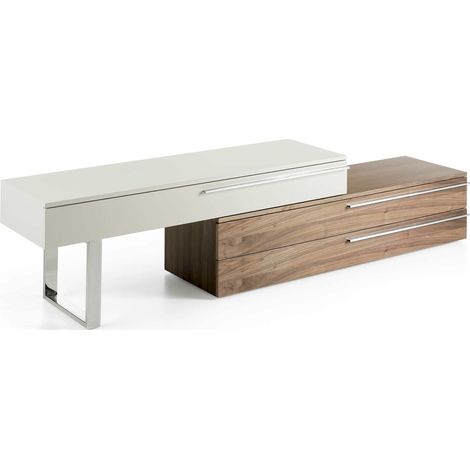 Meuble TV bois laqué poignées et pied acier inoxydable - Noyer, luminosite gris perle (1/5)