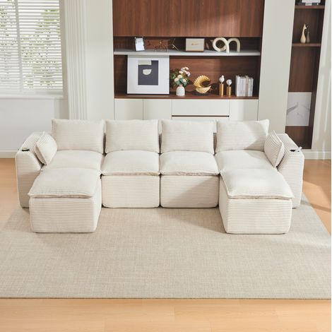 Canapé modulaire 322x161x75 cm beige en velours côtelé avec poufs, coussins, porte-gobelet et poches latérales (1/5)