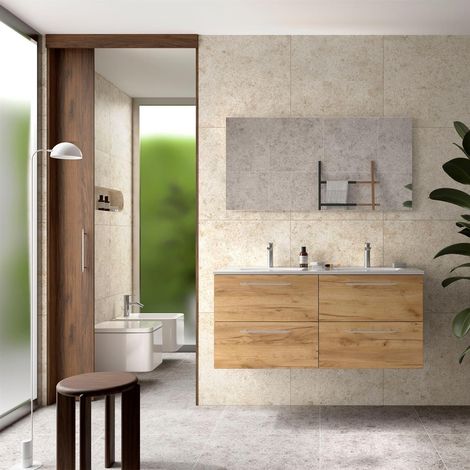 Meubles de salle de bains SILANE 1200 4 tiroirs CHÊNE D'AFRIQUE + meuble-lavabo + miroir (1/2)