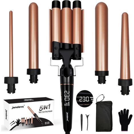 5 en 1 Boucleur à Cheveux, 10-32mm Céramique Fer a Friser Kit avec 25mm Boucleur 3 Tete (1/5)