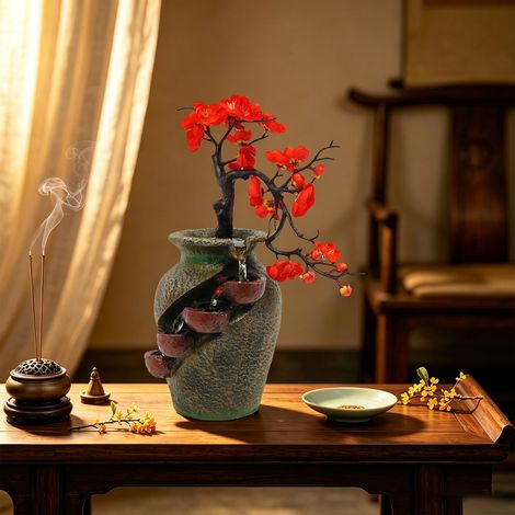 Fontaine en forme de vase en cascade, 30x18x40cm fontaines de table avec fleurs et arbres simulés pour la maison ou le bureau (1/5)