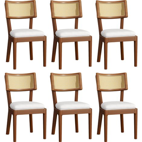 Set di 6 sedie da pranzo in legno con schienale in rattan e seduta in lino color noce MODENUIT (1/5)