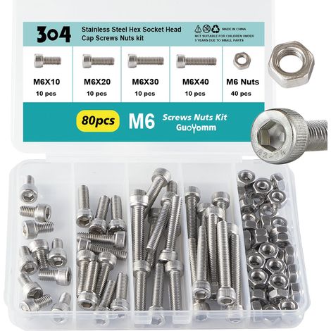 Lot de 80 vis à six pans creux M6 avec écrous en acier inoxydable 304 Jeu de boulons mécaniques entièrement filetés dans une boîte combinée, longueurs : 10 mm, 20 mm, 30 mm, 40 mm (1/5)