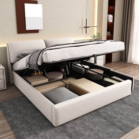 Lit coffre 180x200 cm en velours avec rangement hydraulique, 3 tiroirs, tête de lit rembourrée et sommier à lattes - Beige (1/5)