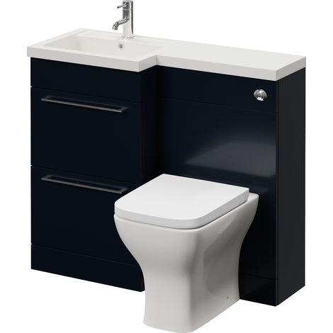 Napoli 390 Deep Blue 1000mm 2 Drawer Vanity Unit Toilet Suite with Left Hand Square Lucia Basin - 1000mm - Chrome 320mm HandleWith Kingston Toilet Pan and Seat