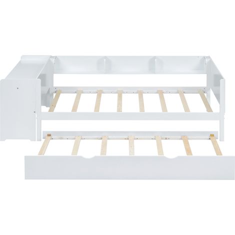 90 x 200 cm, lit plat, avec lit gigogne, avec bureau, trois étagères sur le côté du lit, blanc (1/5)