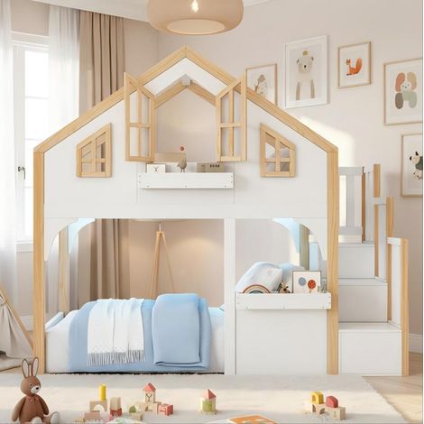 Kinder-Hochbett 90x200 cm mit LED, Stauraumtreppe, Weiß und Natur OKMYHOME (1/5)
