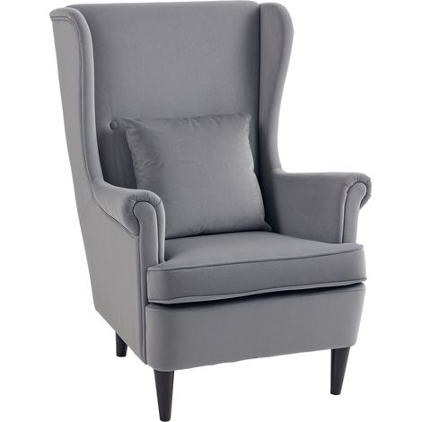 Modern Accent Chair, Upholstered Wingback Armchair with High Backrest and Pillow, Velvet-Feel Fabric Reading Chair with Solid Wood Legs for Living Room, Bedroom, Home Office, Dark Grey (1/5)