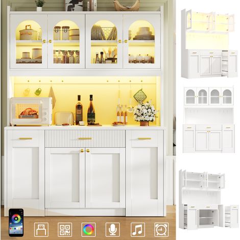 Mueble alto de cocina de 120 cm con LED RGB, control por aplicación, 3 vitrinas de cristal, cajones y estantes enrollables a ambos lados, blanco/negro. (1/5)