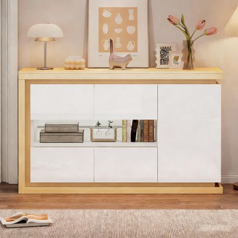 Buffet 140cm LED Porte Verre Trempé Salon Bureau Blanc