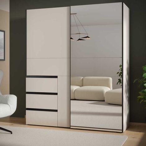 Armoire - 2 portes coulissantes 3 tiroirs - Décor Sable et miroir - L170,3 x P61,2 x H200,5 cm - WINN 2