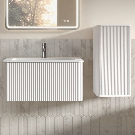 Meuble de salle de bain suspendu blanc avec vasque et colonne latérale 80 cm OKWISH (1/5)