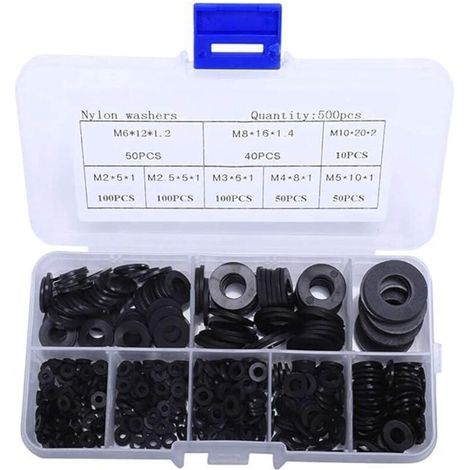 Cosswe Lot de 500 rondelles intercalaires plates et isolantes en nylon Noir M2 M2.5 M3 M4 M5 M6 M8 M10 pour automobile, plomberie, marine et mécanique