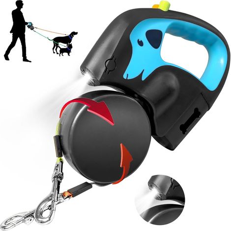 Laisse rétractable automatique à double tête, fonction de chargement USB et veilleuse LED poche intégrée pour sacs à déjections canines laisse réfléchissante - 3 mètres - laisse d'extérieur pour chi (1/3)