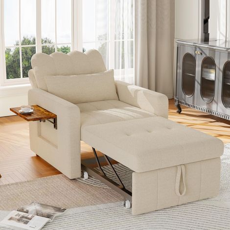 Fauteuil relax, Fauteuil scandinave, convertible et réglable - Avec plateau et rangement latéral, 5 positions dossier - Tissu chenille, Beige