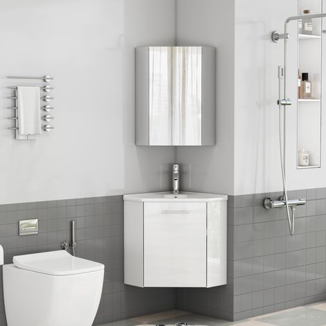 Mobile bagno angolare con lavabo in ceramica e armadio specchio, bianco lucido, MDF (1/5)