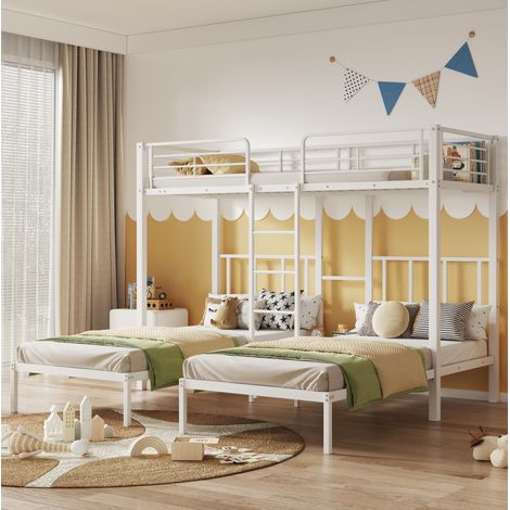 Letto a castello triplo in metallo bianco 90x200 cm con scala, piano d'appoggio e protezione anticaduta (1/5)