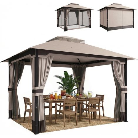 Gazebo 3x3,6m avec moustiquaire, rideaux, toit double paroi, kaki (1/5)