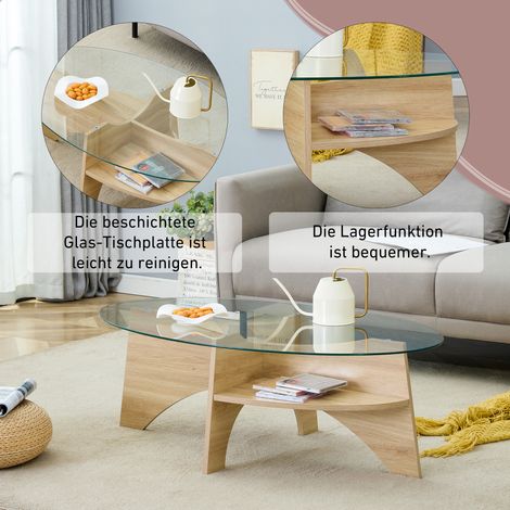 Table basse ovale en verre de sécurité 104,9x60cm, design multifonctionnel avec étagères diagonales claires et rangement intégré, idéale pour salle à manger. (1/5)