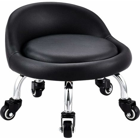 Tabouret Bas avec Roues, Mini Tabouret à roulettes Pied Bas, Dossier Simili Cuir Siège Faible Métal Piétement, 360° Banc Rond en Cuir avec 5 Roues pour Le Bureau à Domicile ou Le Fitness(Noir) (1/4)