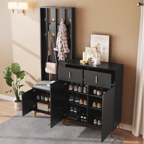 Dielenset Schwarz Mit Gepolsterter Bank, Schuhschrank 2 Schubladen Und Garderobenleiste Goldfarben (1/5)