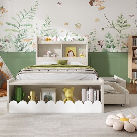 DESVIAE Lit enfant une place avec tiroirs étagères et banc de rangement 90 x 190 cm blanc et chêne clair MDF bois massif (1/5)