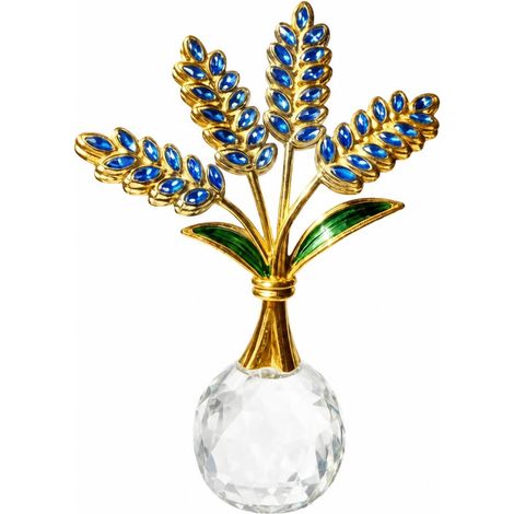 Elegant Metal Wheat Stalk Ornament, Canine Shape, Wheat Stalk Figurine, Facing Front, Branching Stems, Green Leaves, Blue (1/5)