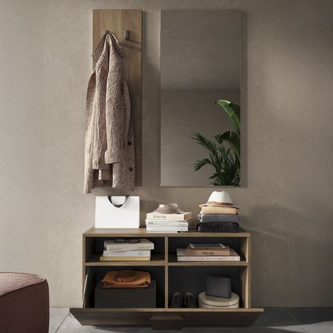 Mobile da Ingresso Muros, Specchio Incluso, 4 Paia Made in Italy, 2 Ripiani, 91x36x165h cm Marrone Rovere (1/4)
