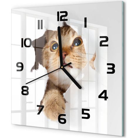 Horloge Murale Carrée Silencieuse Verre Trempé Décoration Maison Moderne Chat dans le trou 30x30 cm (1/5)