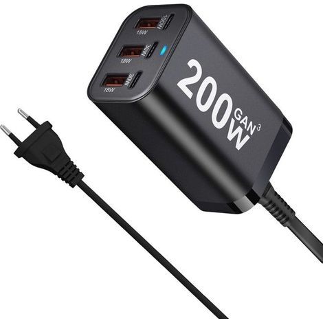 KLVGTIFS PU – 200-W-Schnellladegerät mit 6 USB-C-Anschlüssen – GaN-Netzteil für iPhone 14/13/12, Galaxy S23/S22/S21, Schwarz (1/5)