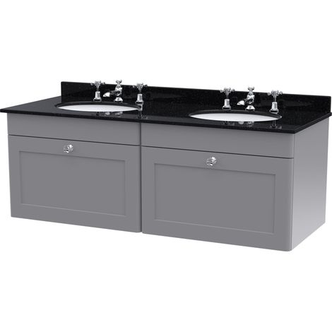 Swynnerton Traditional 2 Drawer Wall Hung Vanity Unit with Double Marble Basin, Satin Grey, 1200mm