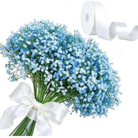 20 Pièces Gypsophile Artificiel, 29 cm Fleurs Gypsophiles en Vrac au Toucher Réel avec 22M de Ruban Satin pour Bouquet de Mariée Décoration Nuptiale et Maison (Bleu) (1/5)