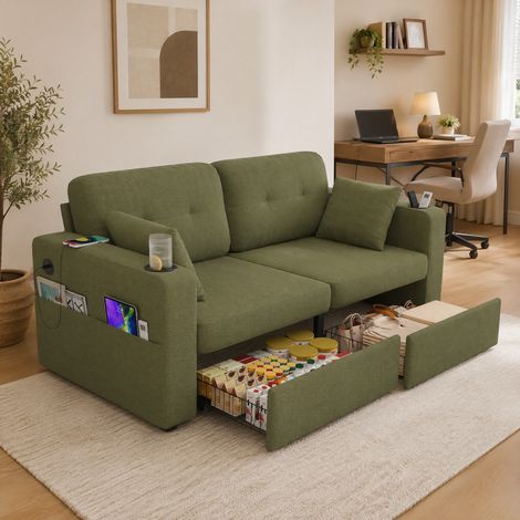 Divano a 2 posti 172×75×82 cm in chenille oliva con porta bicchieri, tasche laterali e 2 cassetti contenitore (1/5)