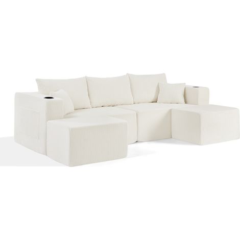 Divano angolare modulare 3 posti beige in tessuto a costine con pouf mobili (1/5)
