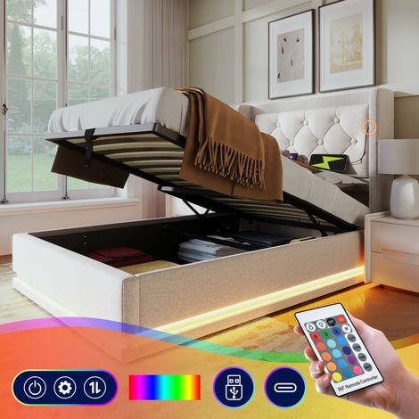 Lit simple 90x200 coton beige, coffre hydraulique, tête de lit rembourrée avec USB-C et LEDs 3 côtés. Sans matelas. (1/5)
