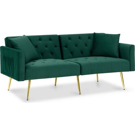 Canapé 2 places en velours vert avec dossier 3 positions, 2 coussins assortis, pieds métal dorés, style moderne pour petit salon, appartement, CHICFURN (1/5)