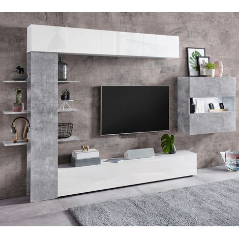 Parete attrezzata Calvin linea  Practical in finitura Bianco laccato lucido e Beton (1/4)
